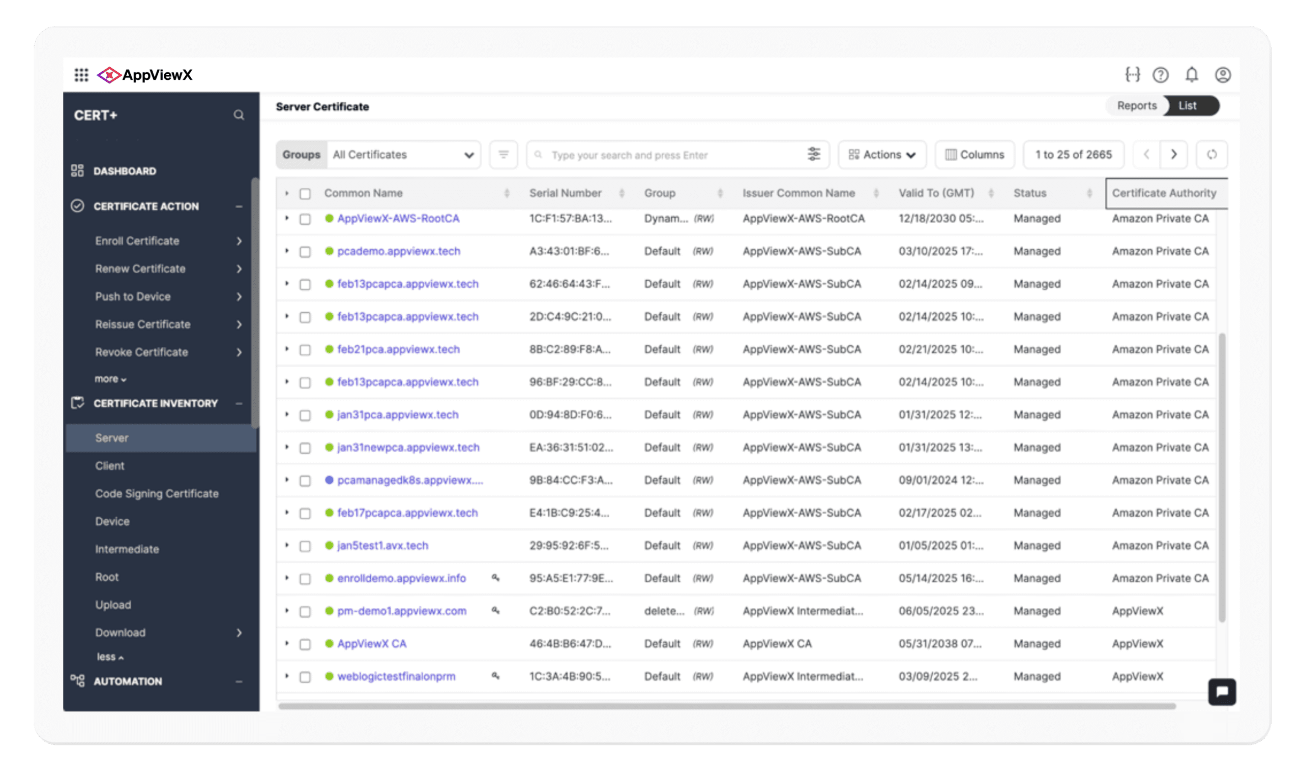 AVX_ONE_CLM_Certificate_Inventory_Screen